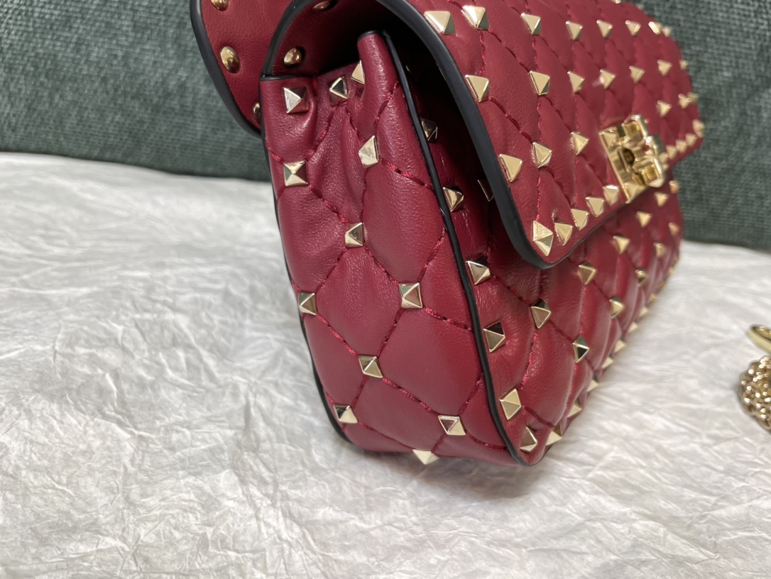 Valentino Garavani Rockstud Spike Small Chain Bag in Burgundy Supple Lambskin Nappa